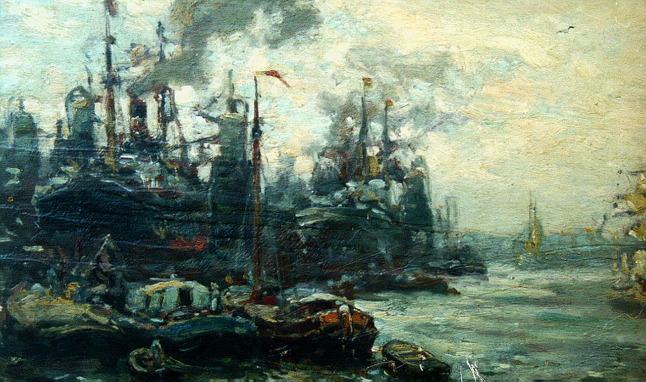 Moll E.  | Evert Moll, The harbour of Rotterdam, Öl auf Holz 25,0 x 38,0 cm, signed l.r.