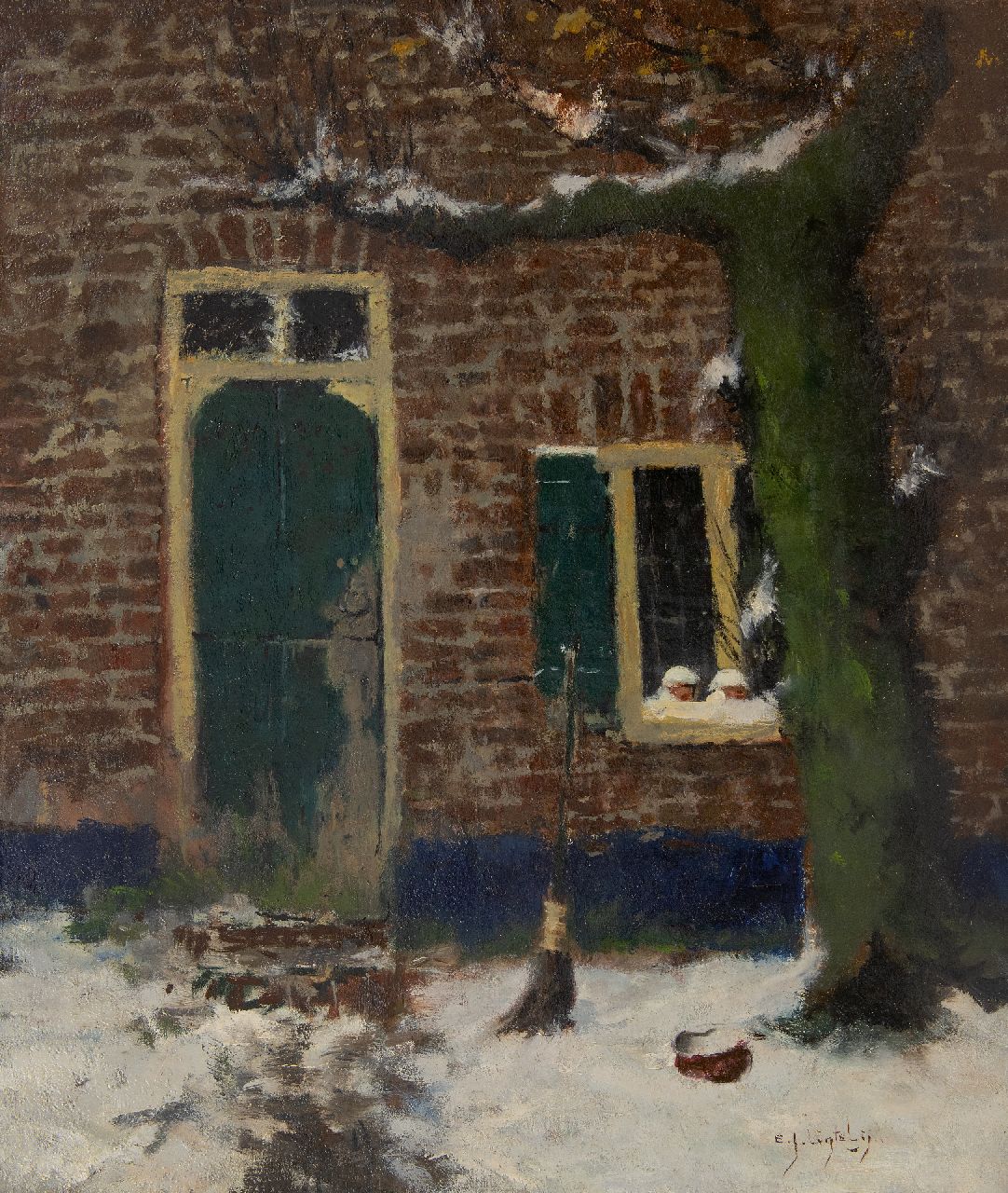 Ligtelijn E.J.  | Evert Jan Ligtelijn | Gemälde zum Verkauf angeboten | Hinterhof eines Bauernhofes im Schnee, Öl auf Leinwand 60,3 x 50,3 cm, Unterzeichnet u.r.
