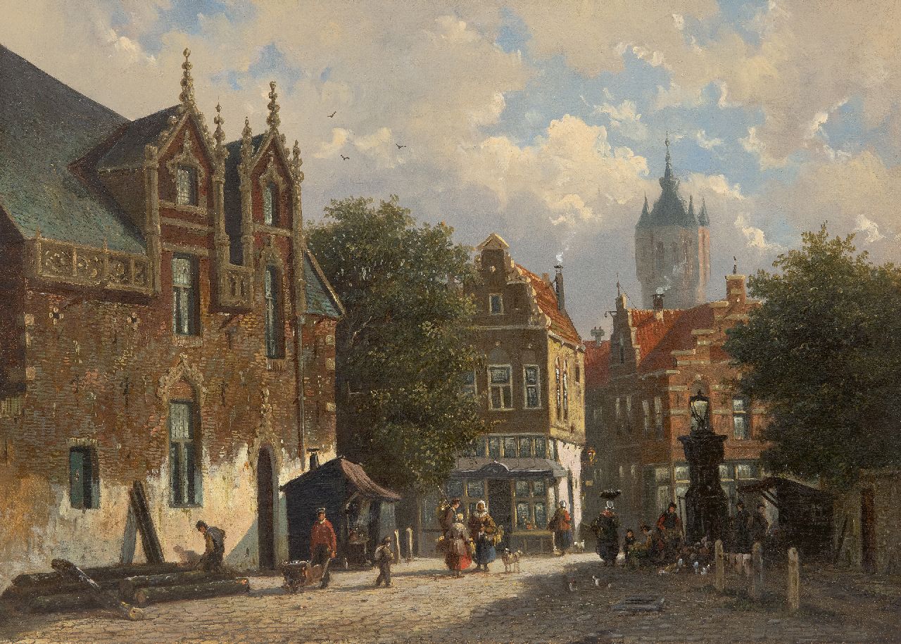 Roosdorp F.  | Frederik Roosdorp | Gemälde zum Verkauf angeboten | Sonniges Stadtbild mit der Alte Kirche von Delft, Öl auf Leinwand 29,2 x 40,0 cm, Unterzeichnet mit Initialen im Verso