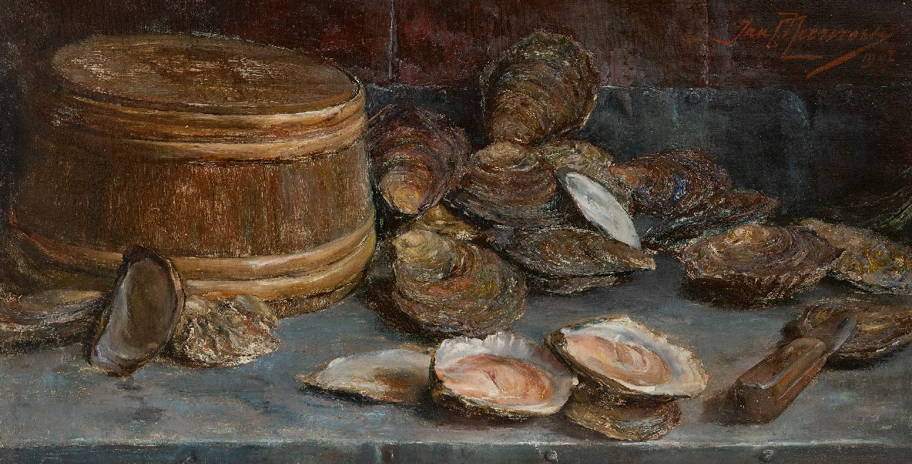 Neervoort J.C.  | Johannes Cornelius 'Jan' Neervoort, Stillleben mit Austern, Öl auf Leinwand 28,3 x 53,8 cm, Unterzeichnet o.r. und datiert 1907