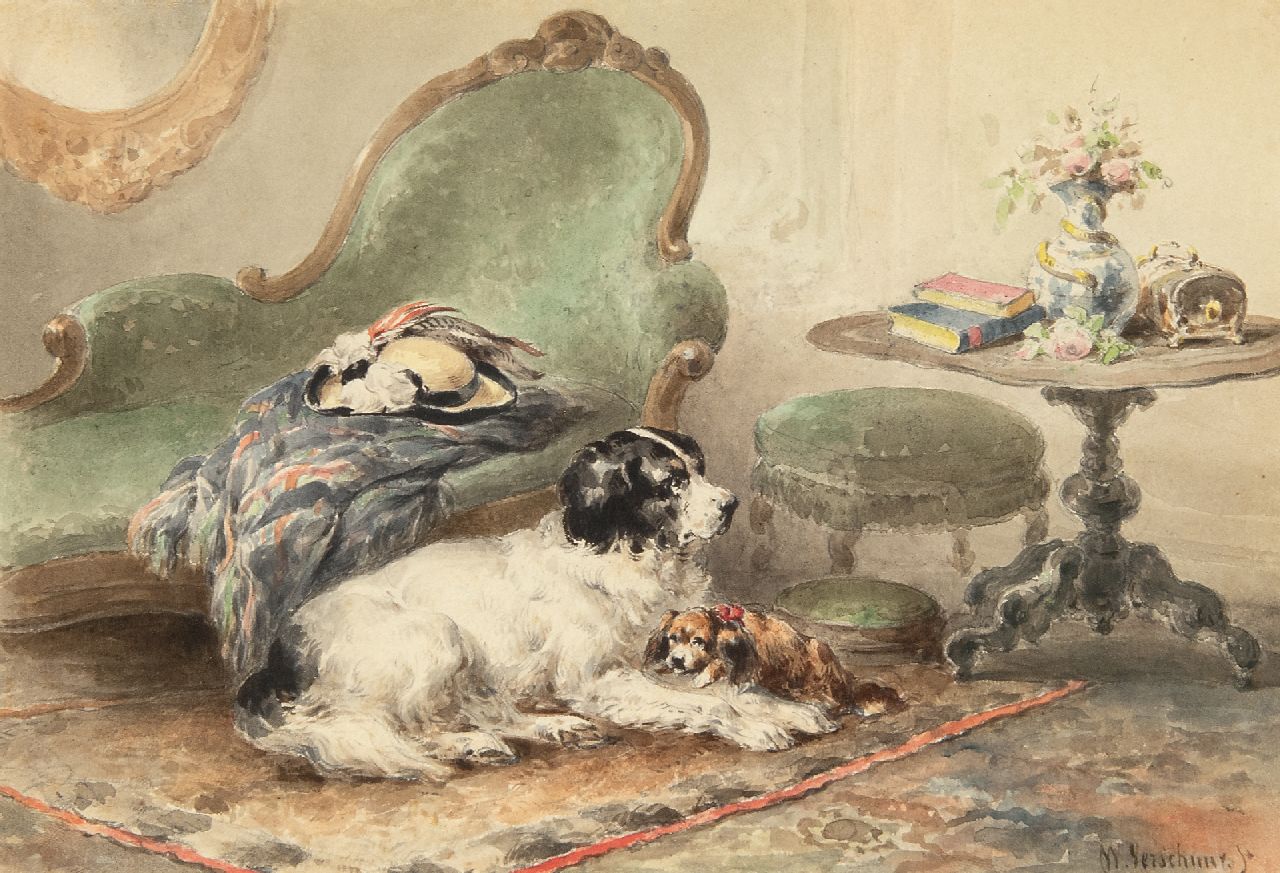 Verschuur W.  | Wouterus Verschuur, Beste Freunde, Aquarell auf Papier 14,2 x 20,7 cm, Unterzeichnet u.r.