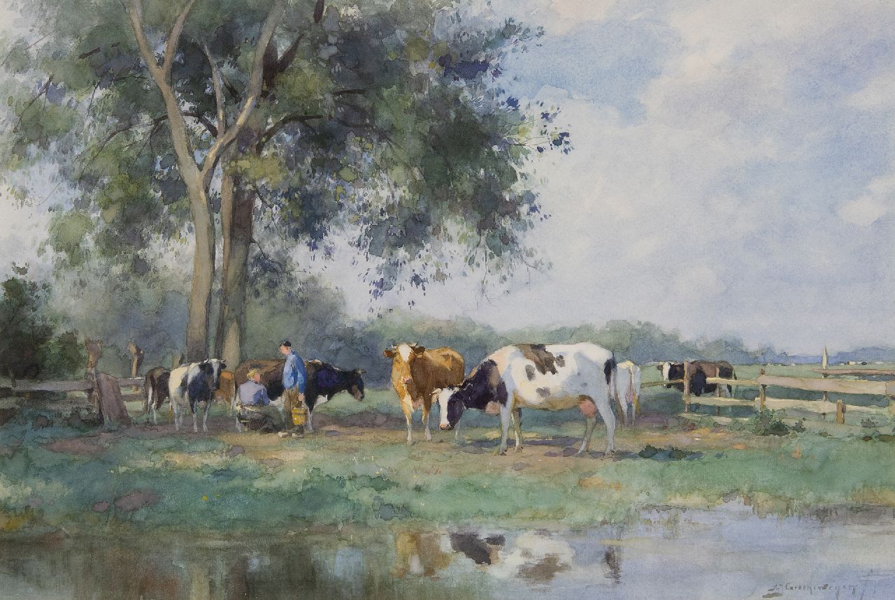 Groenewegen A.J.  | Adrianus Johannes Groenewegen | Aquarelle und Zeichnungen zum Verkauf angeboten | Melkzeit, Aquarell auf Papier 34,1 x 51,2 cm, Unterzeichnet u.r.