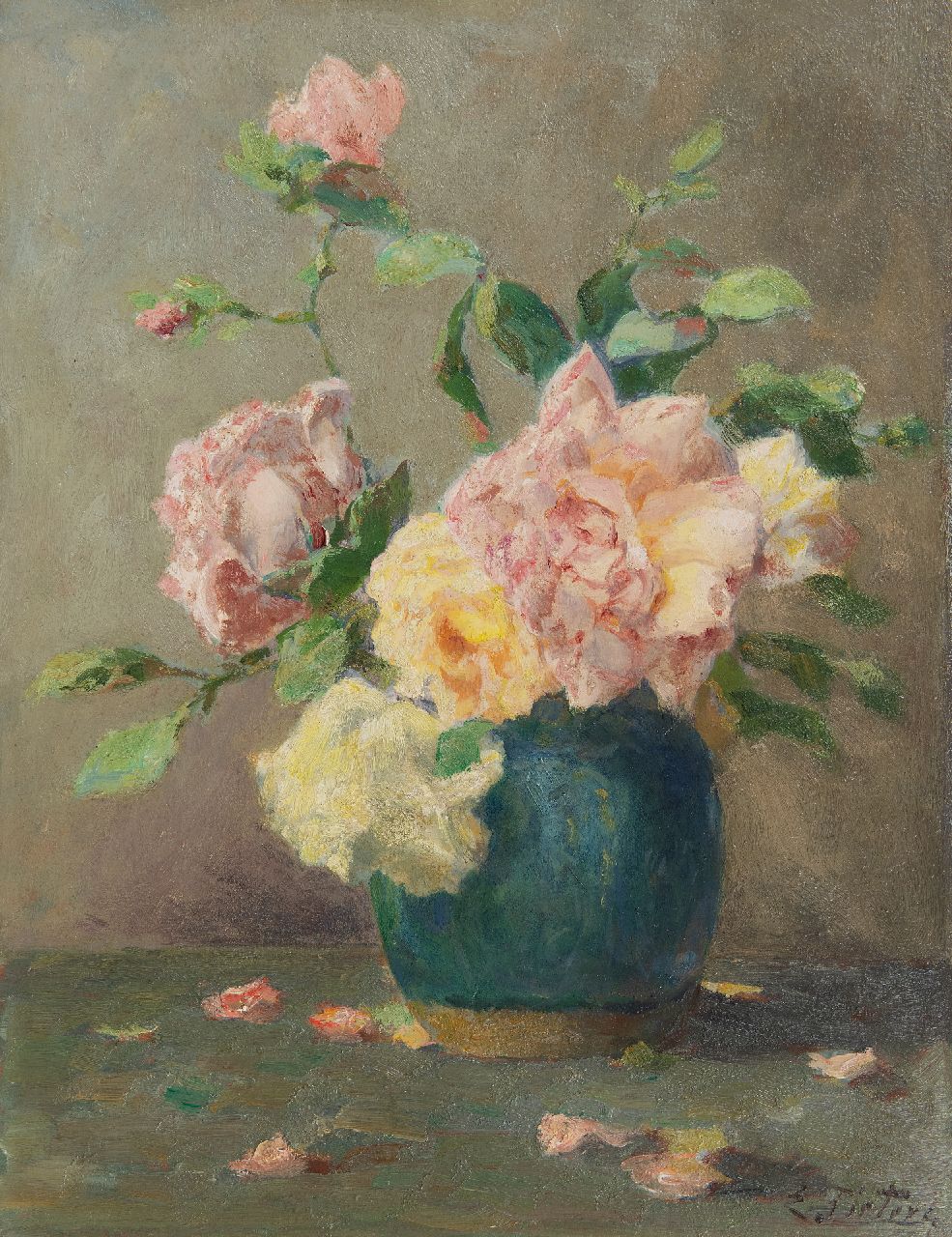 Pieters E.  | Evert Pieters | Gemälde zum Verkauf angeboten | Grüner Topf mit Rosen, Öl auf Holz 40,9 x 31,7 cm, Unterzeichnet u.r.