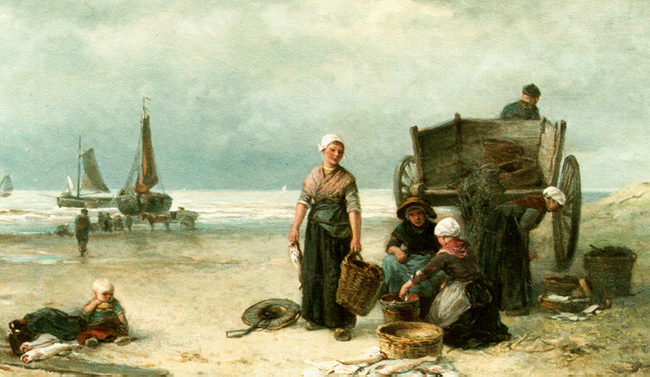 Kate J.M.H. ten | Johan 'Mari' Henri ten Kate, Fisherfolk at the beach sorting the catch, Öl auf Leinwand 44,3 x 64,0 cm, signed l.r.