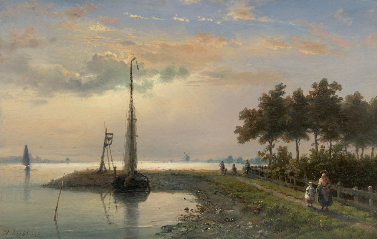 Koekkoek H.  | Hermanus Koekkoek | Gemälde zum Verkauf angeboten | Moored ship at a jetty, Öl auf Holz 14,6 x 22,1 cm, Unterzeichnet u.l.