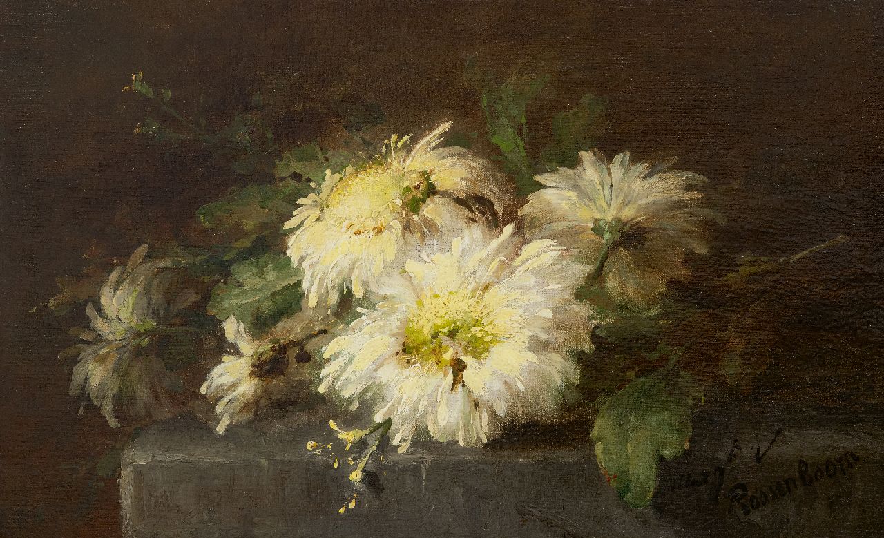 Roosenboom M.C.J.W.H.  | 'Margaretha' Cornelia Johanna Wilhelmina Henriëtta Roosenboom | Gemälde zum Verkauf angeboten | Chrysanthemen auf einem Steinsockel, Öl auf Leinwand 35,7 x 56,4 cm, Unterzeichnet u.r.