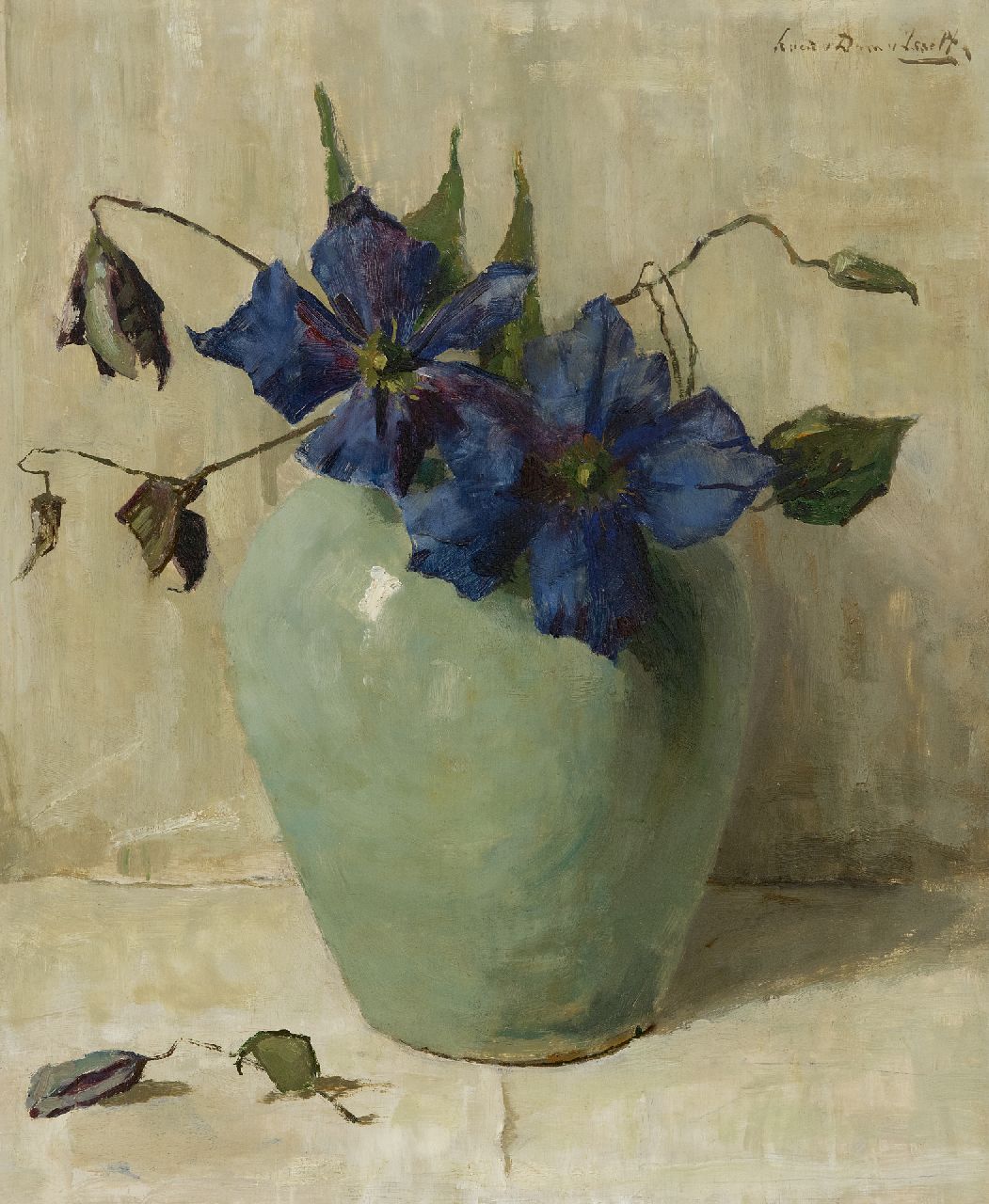 Dam van Isselt L. van | Lucie van Dam van Isselt, Lila Clematis in einer seladongrünen Vase, Öl auf Holz 47,1 x 38,4 cm, Unterzeichnet o.r.