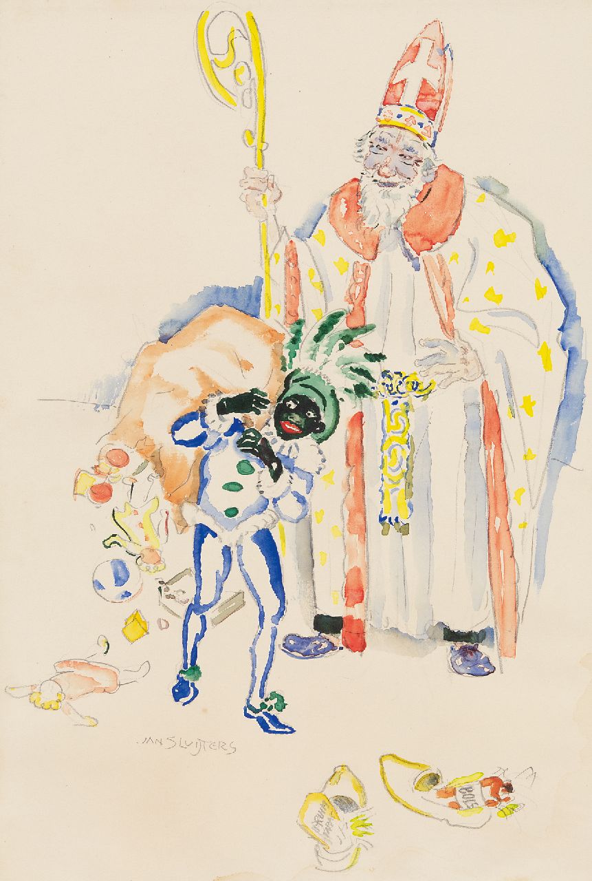 Sluijters J.C.B.  | Johannes Carolus Bernardus 'Jan' Sluijters | Aquarelle und Zeichnungen zum Verkauf angeboten | Nikolausabend 1946 mit Kautabak und Bols in den Schuhen, Aquarell auf Papier 47,5 x 32,2 cm, Unterzeichnet u.l. und zu datieren 1946