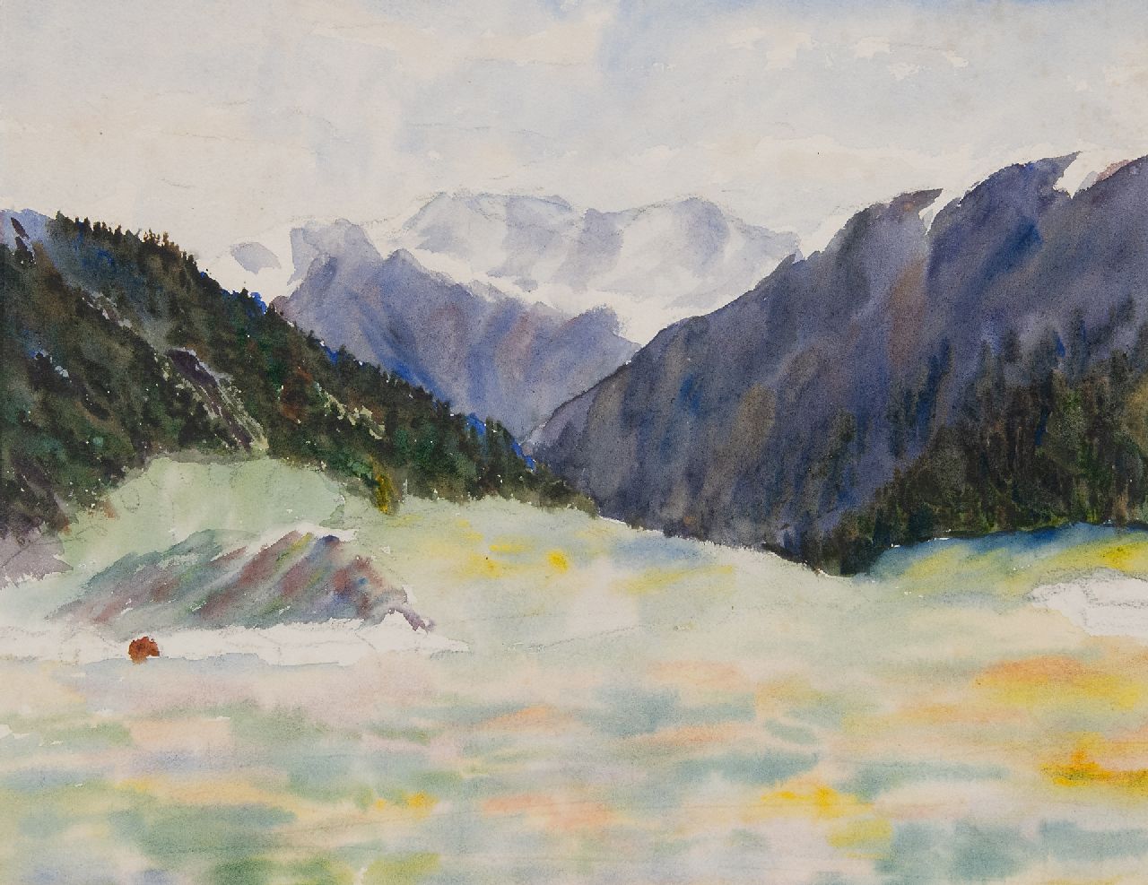 Bauknecht P.  | Philipp Bauknecht | Aquarelle und Zeichnungen zum Verkauf angeboten | Berglandschaft, Schwarze Kreide und Aquarell auf Papier 24,7 x 31,0 cm, Unterzeichnet u.r. (unscharf) und datiert (unscharf) 196[2?]