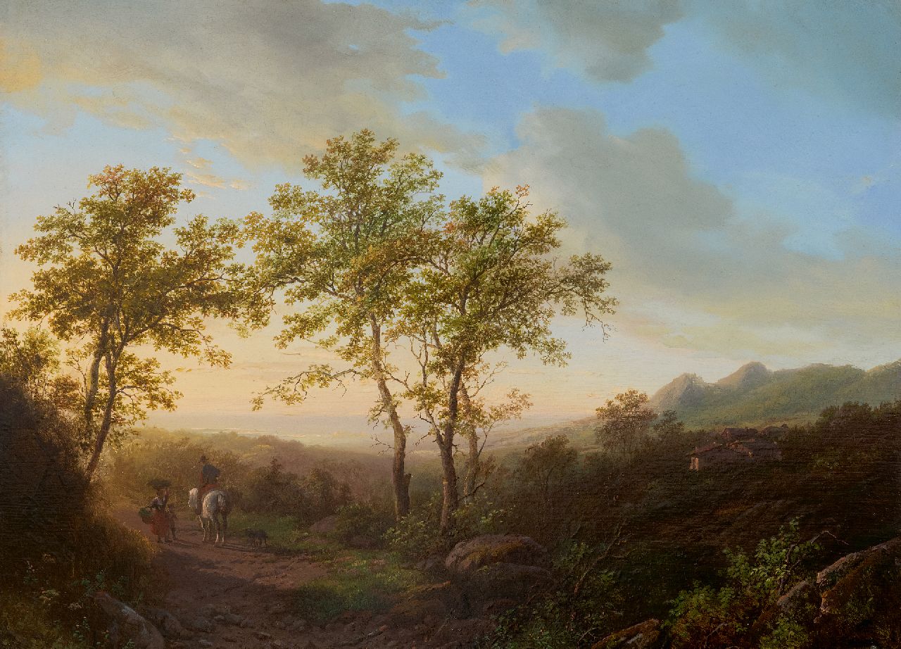 Bodeman W.  | Willem Bodeman | Gemälde zum Verkauf angeboten | Hügelige Landschaft in der Abenddämmerung, Öl auf Holz 38,6 x 52,0 cm, Unterzeichnet r.u. und datiert 1842
