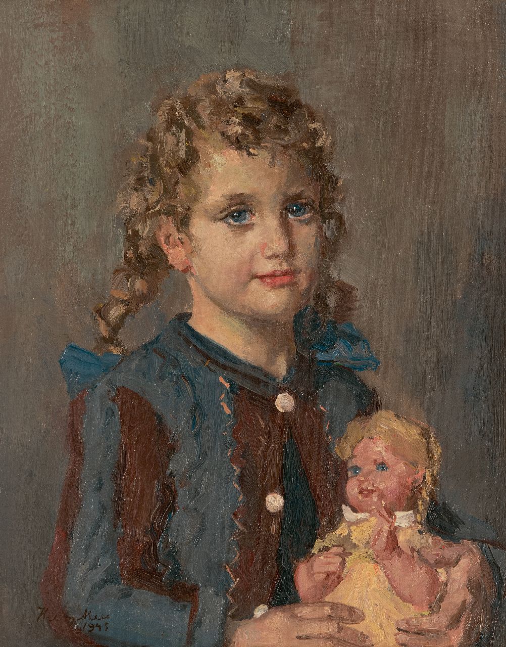 Mees H.E.  | Hermanus Ellen 'Herman' Mees | Gemälde zum Verkauf angeboten | Mädchenporträt mit Puppe, Öl auf Leinwand 51,2 x 40,4 cm, Unterzeichnet u.l. und datiert 1945, ohne Rahmen