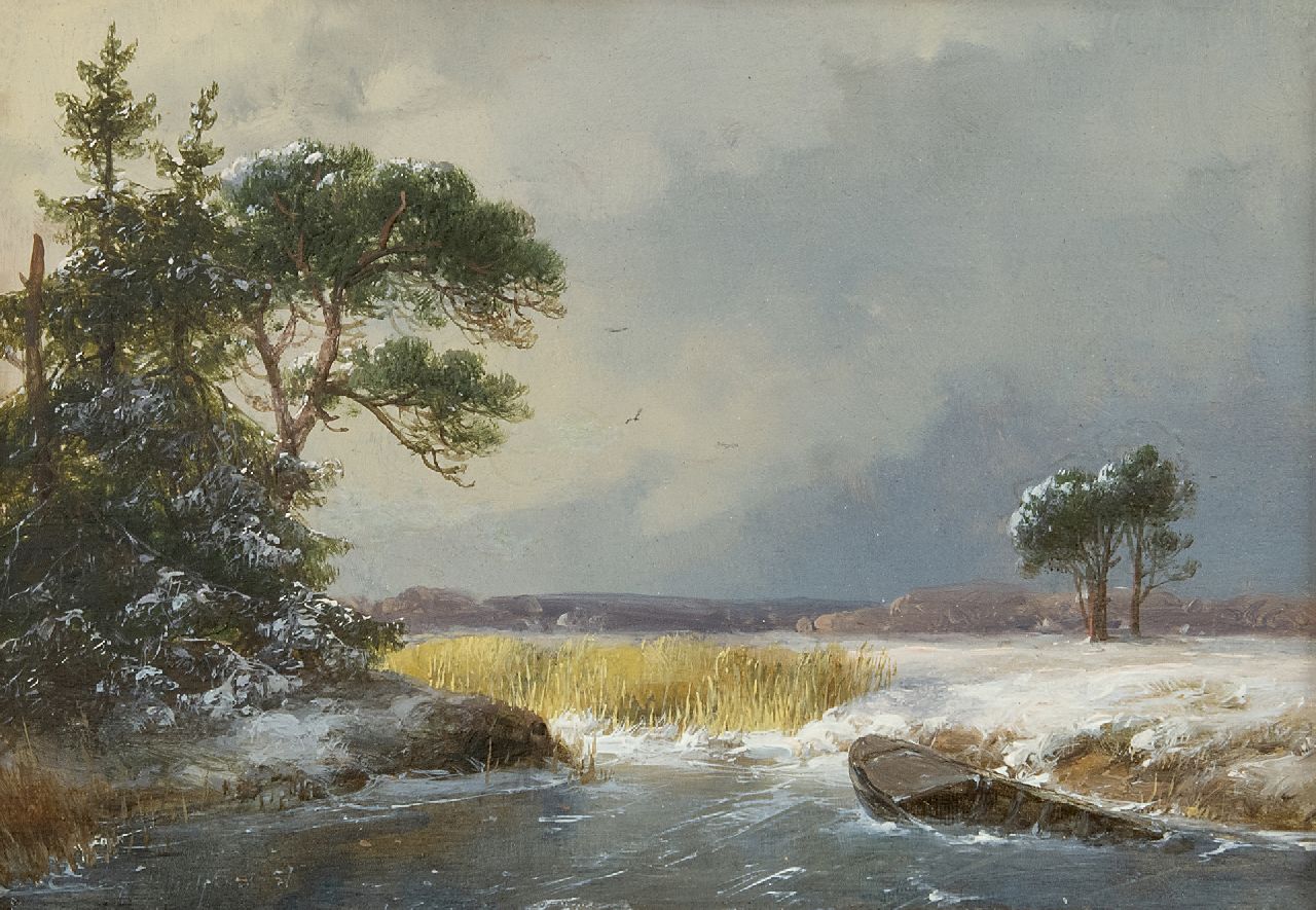 Schelfhout A.  | Andreas Schelfhout, Schneebedeckte Winterlandschaft, Öl auf Holz 13,7 x 19,5 cm, Unterzeichnet l.u. und datiert 1857