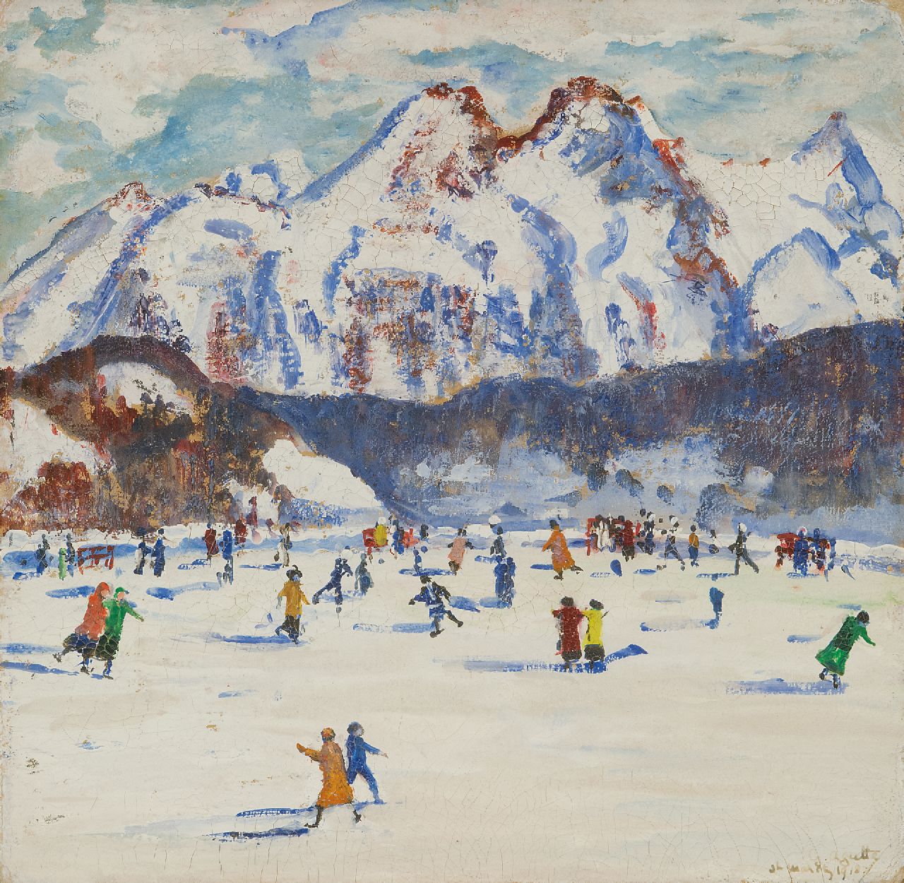 Agutte G.  | Georgette Agutte, Eislaufen in St. Moritz, Gouache auf Holzfaser 23,5 x 24,3 cm, Unterzeichnet r.u. und datiert 'St. Moritz 1918'