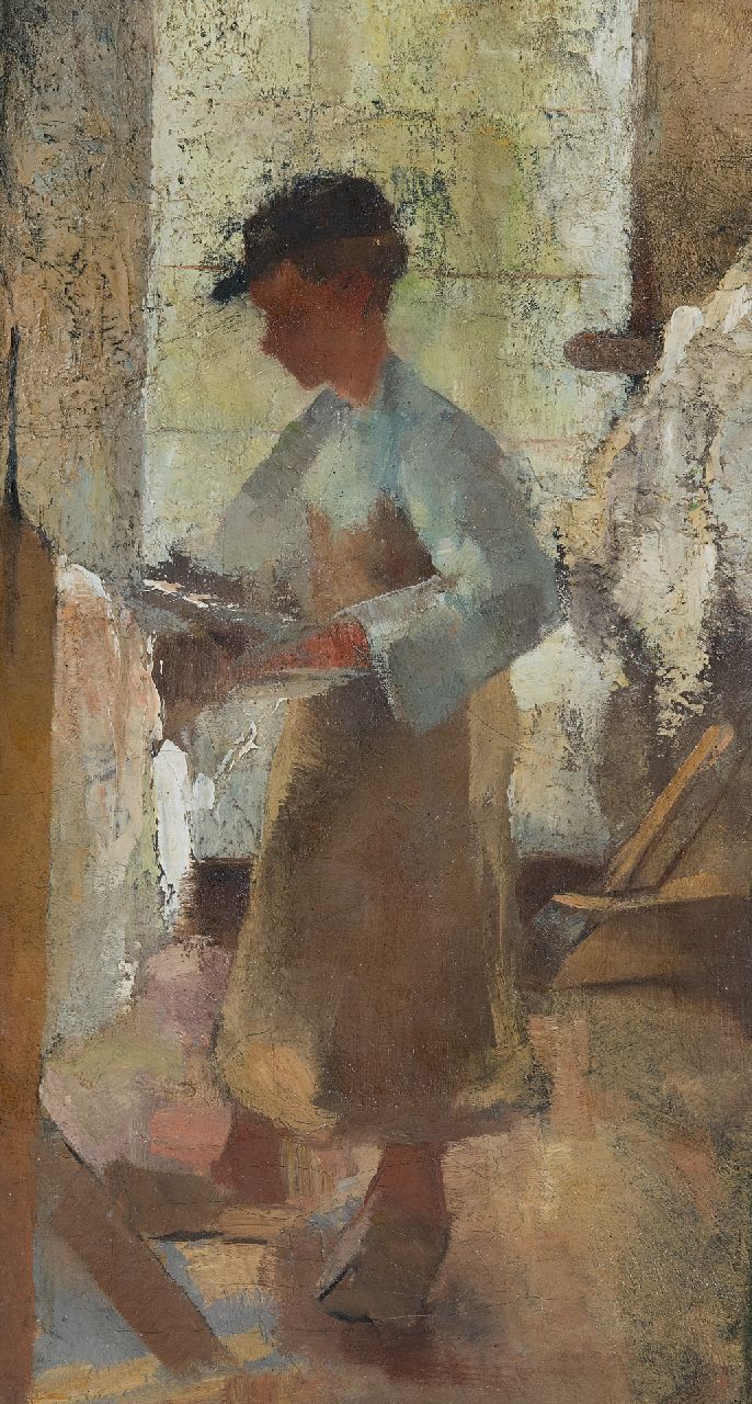 Rappard A.G.A. van | 'Anthon' Gerhard Alexander van Rappard, Junger Arbeiter an einem Spannrahmen, Öl auf Leinwand 45,1 x 25,4 cm