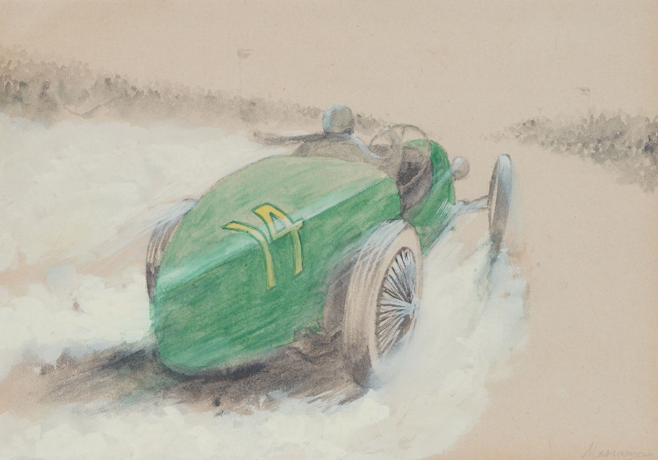 Onbekend   | Onbekend | Aquarelle und Zeichnungen zum Verkauf angeboten | Rennwagen nr. 14 (set van 5), Bleistift, Aquarell und Gouache auf Papier 20,0 x 28,9 cm, Unterzeichnet r.u.