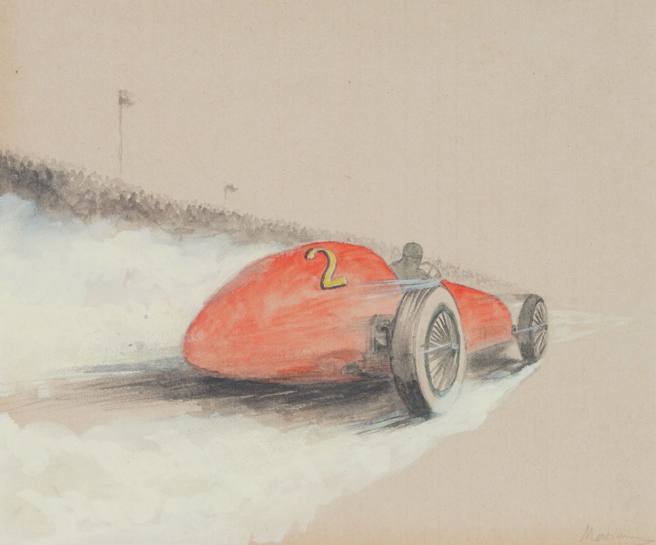 Onbekend   | Onbekend | Aquarelle und Zeichnungen zum Verkauf angeboten | Rennwagen nr. 2 (set van 5), Bleistift, Aquarell und Gouache auf Papier 19,4 x 25,0 cm, Unterzeichnet r.u.