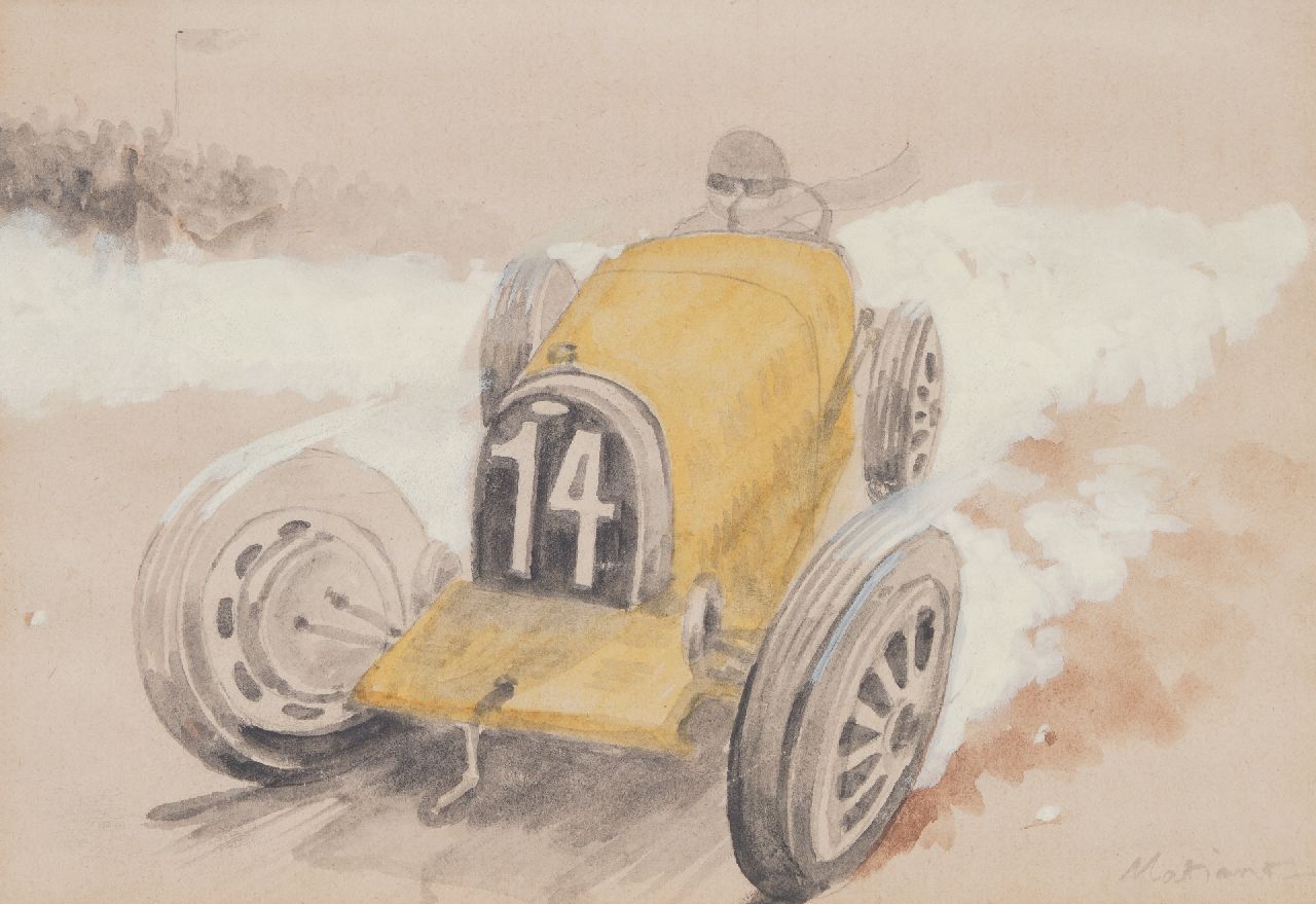 Onbekend   | Onbekend | Aquarelle und Zeichnungen zum Verkauf angeboten | Rennwagen nr. 14 (set van 5), Bleistift, Aquarell und Gouache auf Papier 19,7 x 29,1 cm, Unterzeichnet r.u.