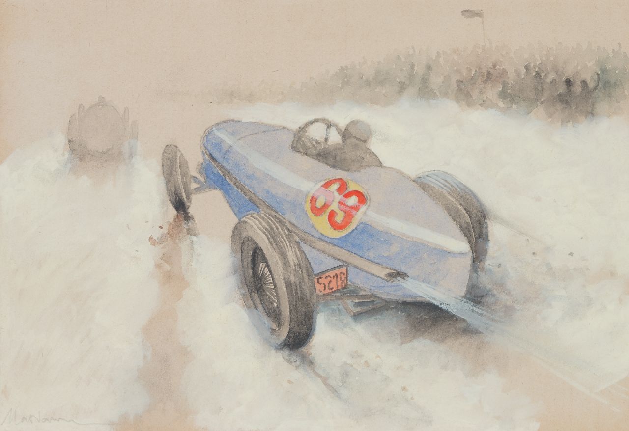Onbekend   | Onbekend | Aquarelle und Zeichnungen zum Verkauf angeboten | Rennwagen nr. 69 (set van 5), Bleistift, Aquarell und Gouache auf Papier 20,0 x 29,1 cm, Unterzeichnet u.l.