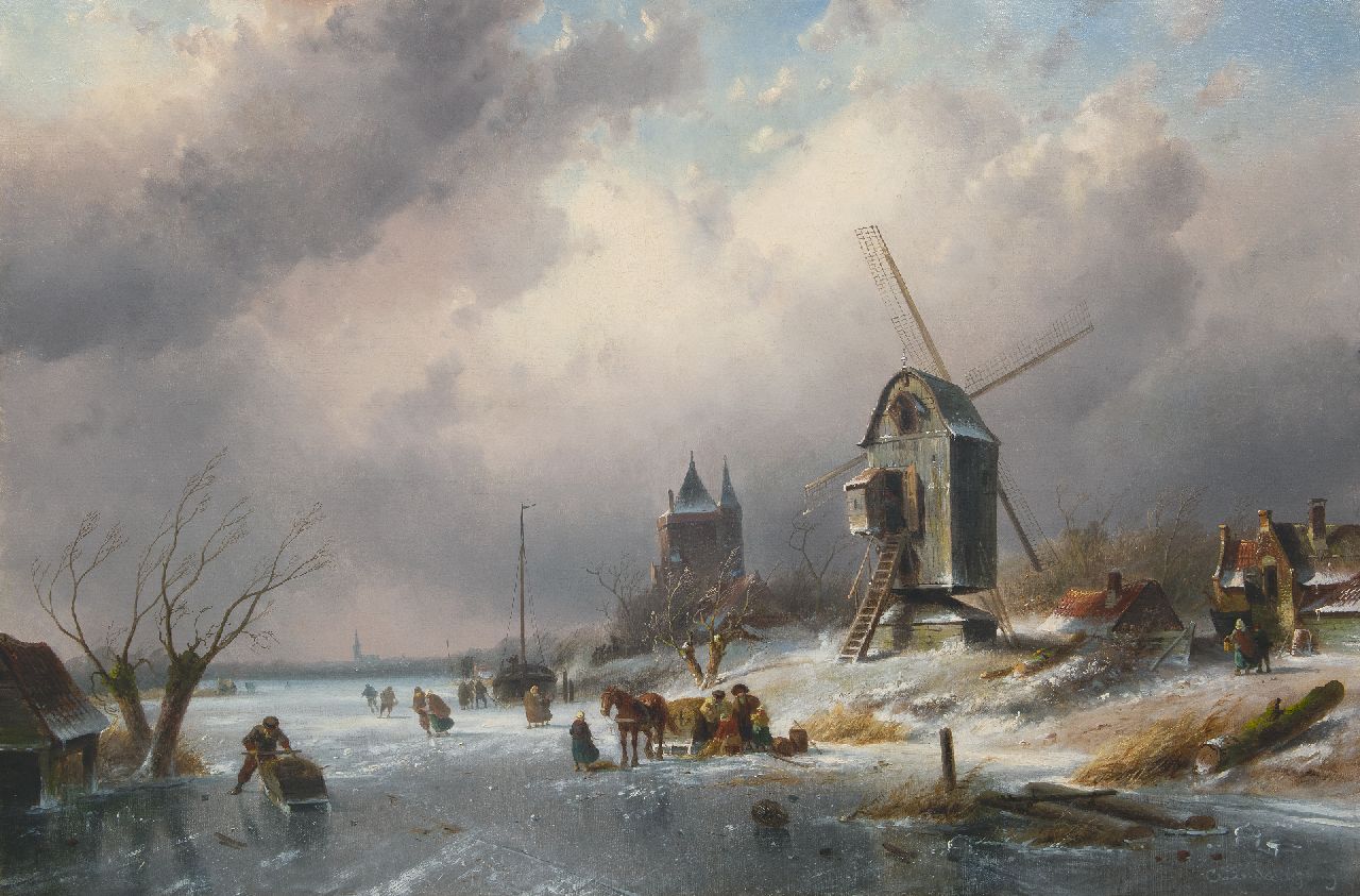 Leickert C.H.J.  | 'Charles' Henri Joseph Leickert, Winterlandschaft mit Schlittschuhläufern und Windmühle, Öl auf Leinwand 77,8 x 115,1 cm, Unterzeichnet u.r.