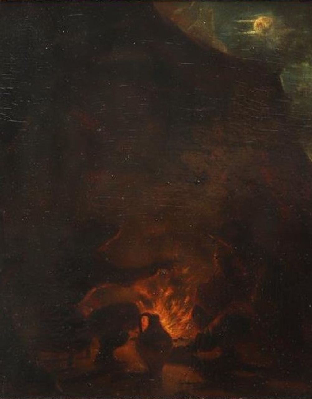 Caspar Augustinus Fischer | Figuren am nächtlichen Lagerfeuer, Öl auf Holz, 23,0 x 19,3 cm