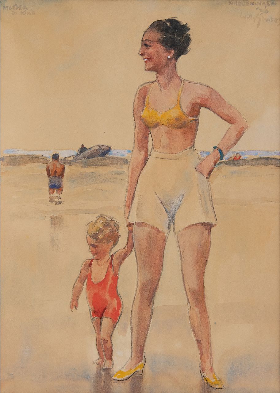 Sluiter J.W.  | Jan Willem 'Willy' Sluiter | Aquarelle und Zeichnungen zum Verkauf angeboten | Mutter und Kind am Strand von Scheveningen, Kreide und Aquarell auf Holzfaser 49,0 x 35,7 cm, Unterzeichnet o.r. und datiert 'Scheveningen' '36