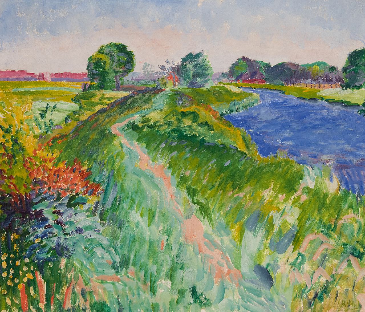 Altink J.  | Jan Altink, A view of 'Het Rietdiep', Wachsfarbe auf Leinwand 60,3 x 70,2 cm, signed l.r.