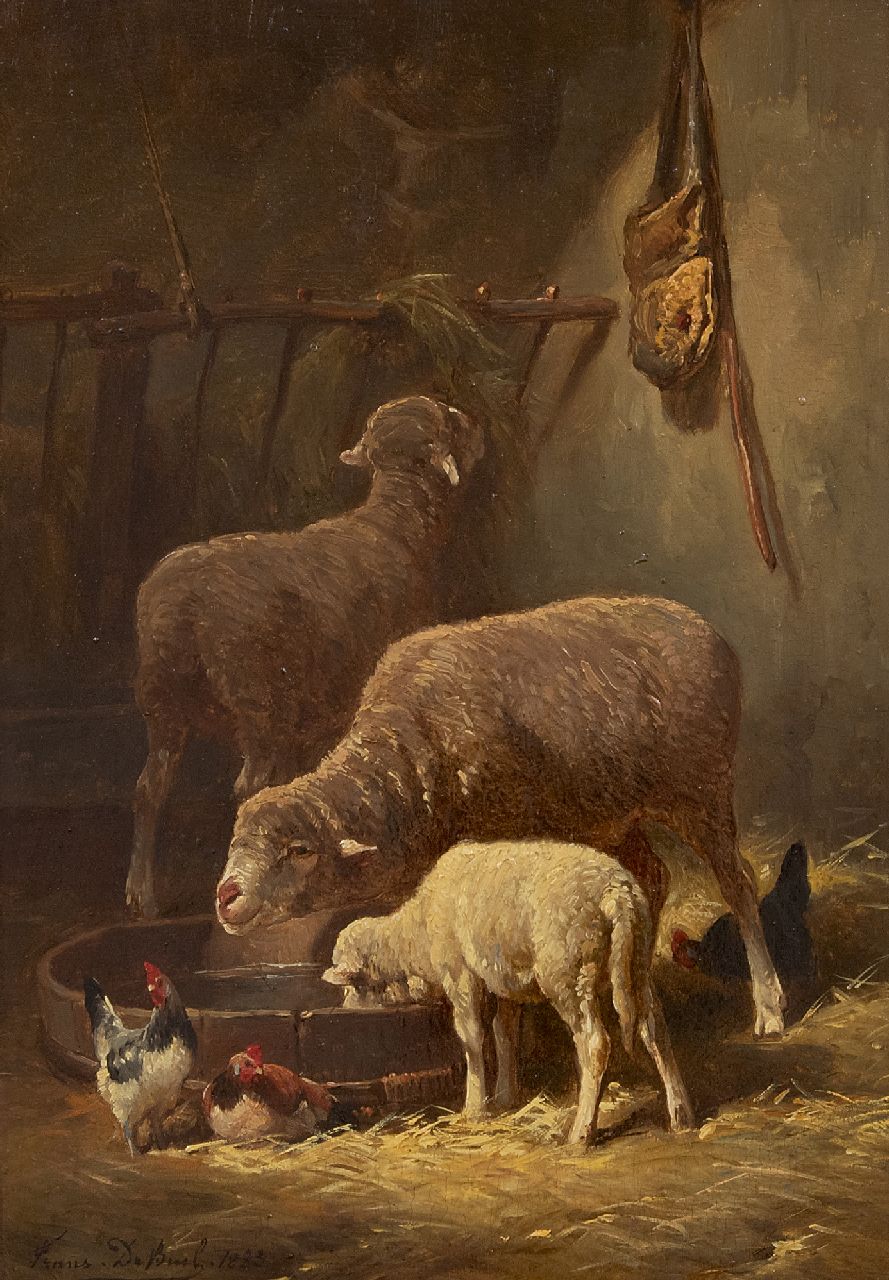 Beul F. de | Frans de Beul | Gemälde zum Verkauf angeboten | Schafe Im Stall, Öl auf Holz 34,3 x 23,2 cm, Unterzeichnet u.l. und datiert 1883
