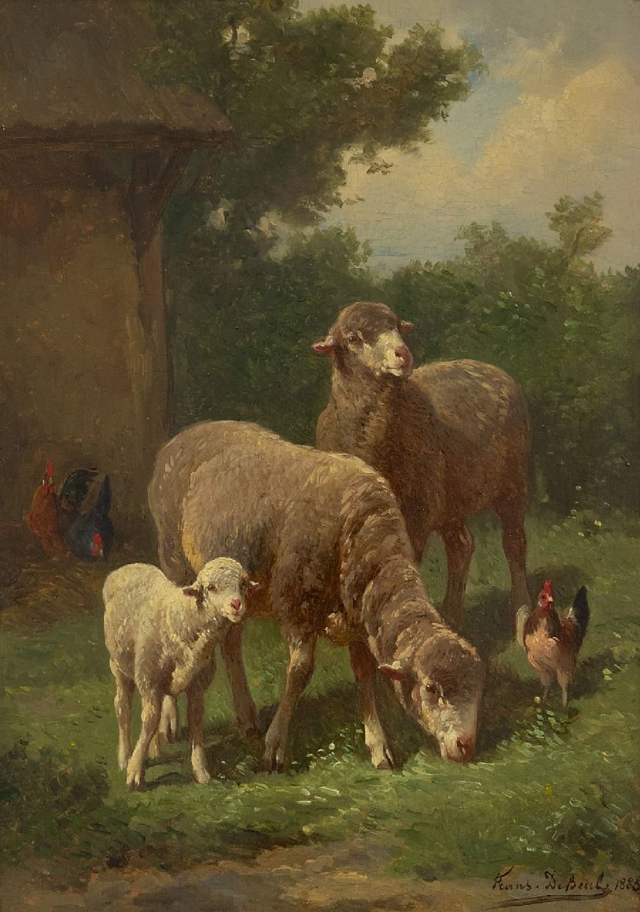 Beul F. de | Frans de Beul | Gemälde zum Verkauf angeboten | Schafe und Lämmer auf der Weide, Öl auf Holz 34,1 x 23,8 cm, Unterzeichnet u.r. und datiert 1883