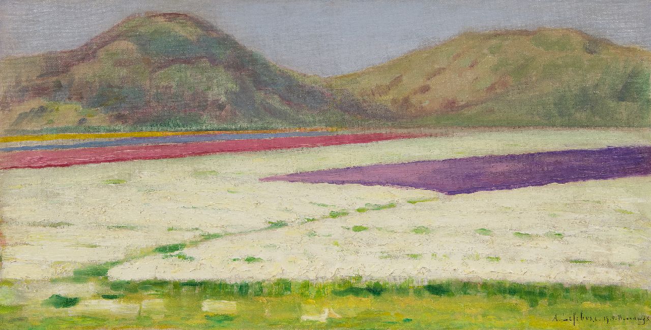 Lefebvre A.  | Albrecht 'Albert' Lefebvre, Blumenzwiebelfelder in der Nähe von Noordwijk, Öl auf Leinwand 32,7 x 62,3 cm, Unterzeichnet u.r. und datiert 1918