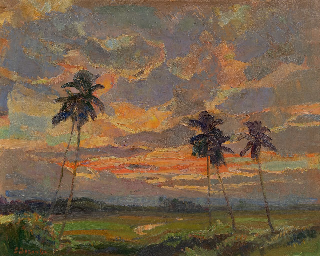 Dezentjé E.  | Ernest Dezentjé, Sonnenuntergang in der Nähe des Kulturgartens Tjikeumeuh, Buitenzorg, Öl auf Holz 31,9 x 39,3 cm, Unterzeichnet u.l. und im Verso