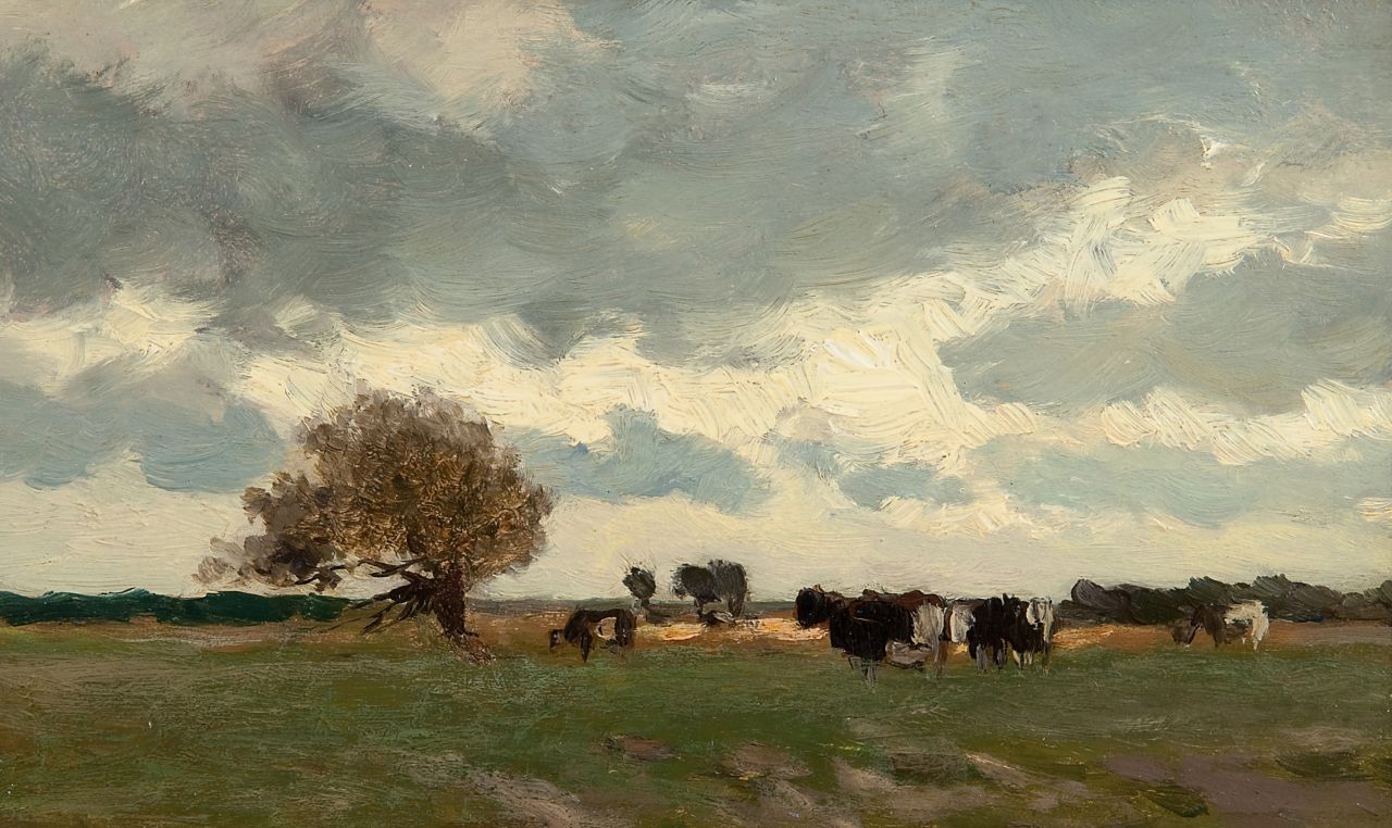 Weissenbruch H.J.  | Hendrik Johannes 'J.H.' Weissenbruch, A Dutch landscape with cows in a meadow, Öl auf Holz 15,0 x 25,1 cm
