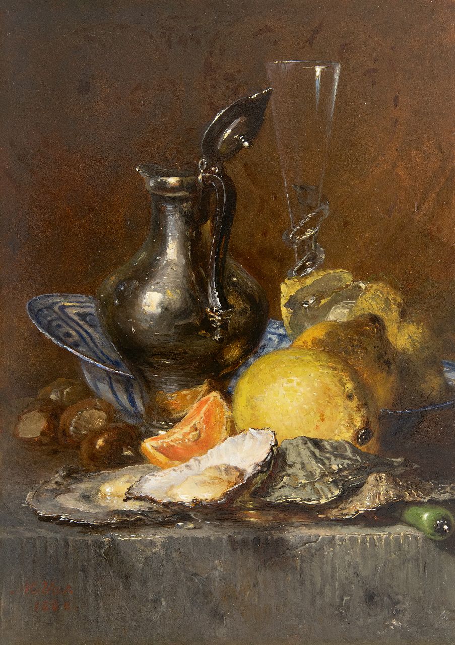Maria Vos | Stilleben mit Austern, Zitronen und Silberkrug, Öl auf Holz, 38,6 x 27,6 cm, Unterzeichnet l.u. und datiert 1880