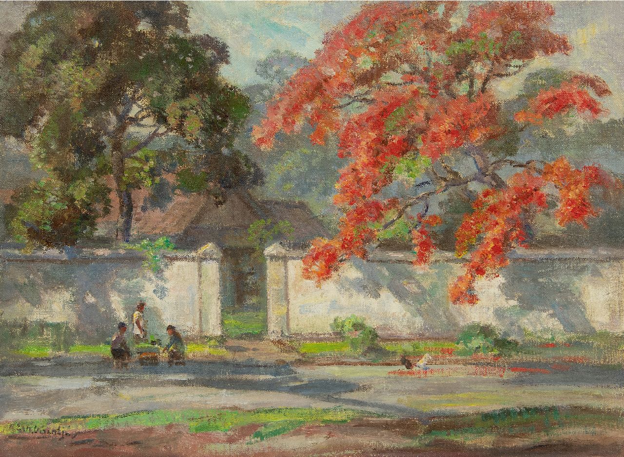 Dezentjé E.  | Ernest Dezentjé, Gartenmauer mit blühendem Flammenbaum, Öl auf Leinwand 40,3 x 55,1 cm, Unterzeichnet u.l.