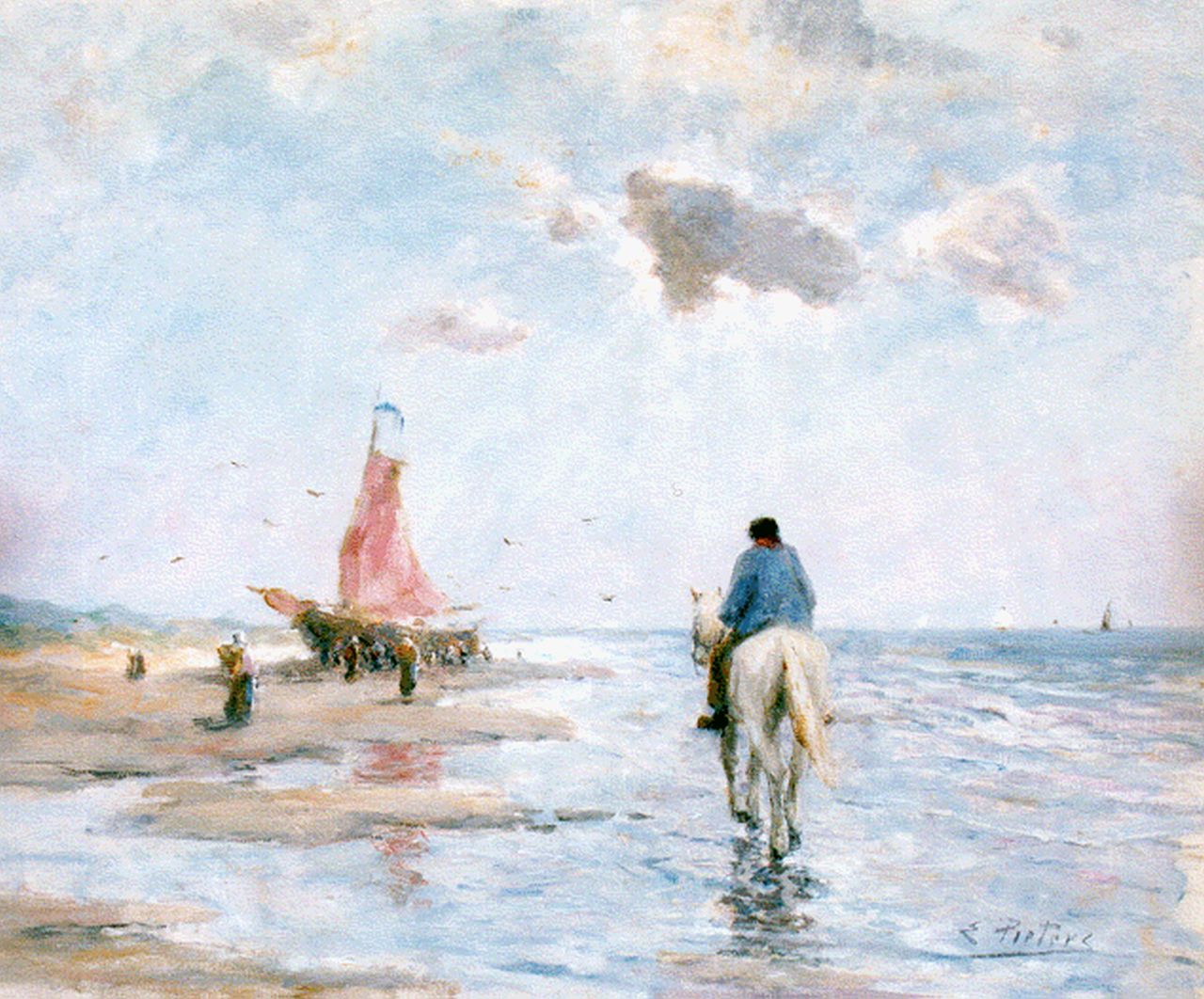 Pieters E.  | Evert Pieters, A horseman on the beach, Öl auf Pappe 50,8 x 61,6 cm, signed l.r.