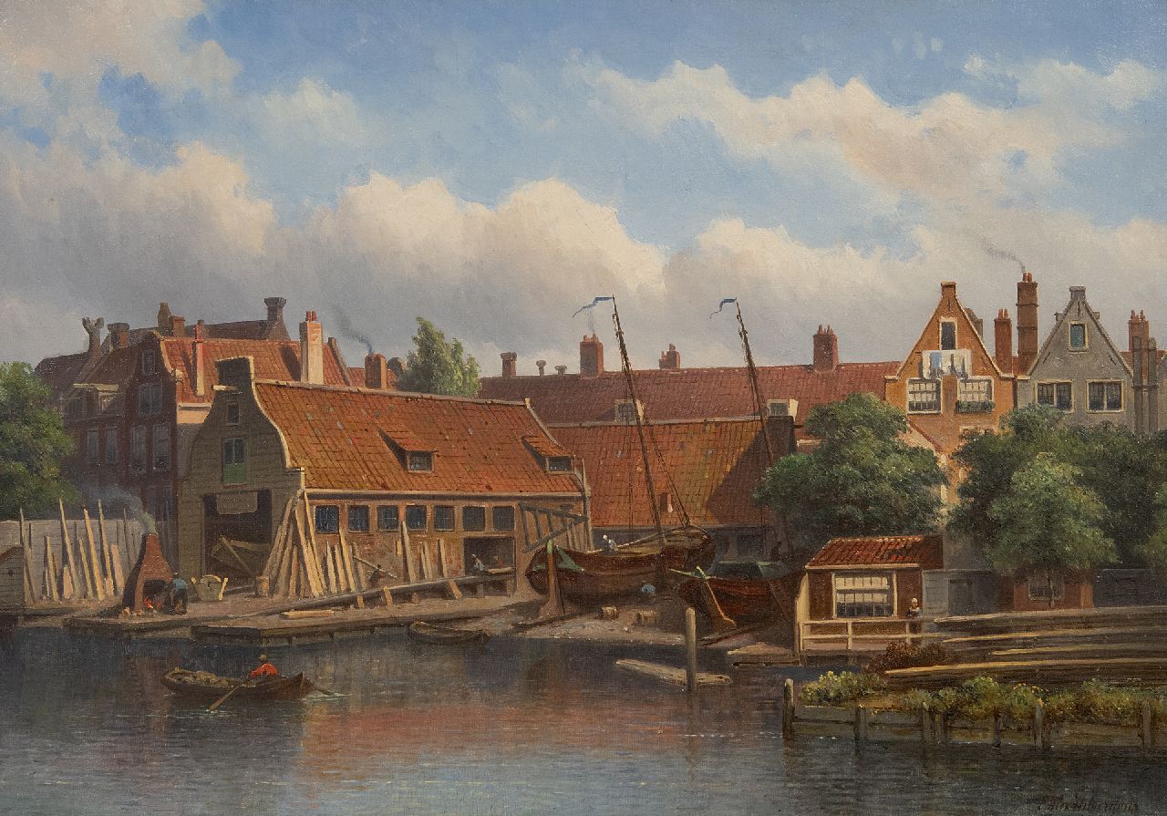 Eduard Alexander Hilverdink | Die Werft 'Het Jagt' in Amsterdam, Öl auf Leinwand, 35,0 x 50,2 cm, Unterzeichnet r.u.