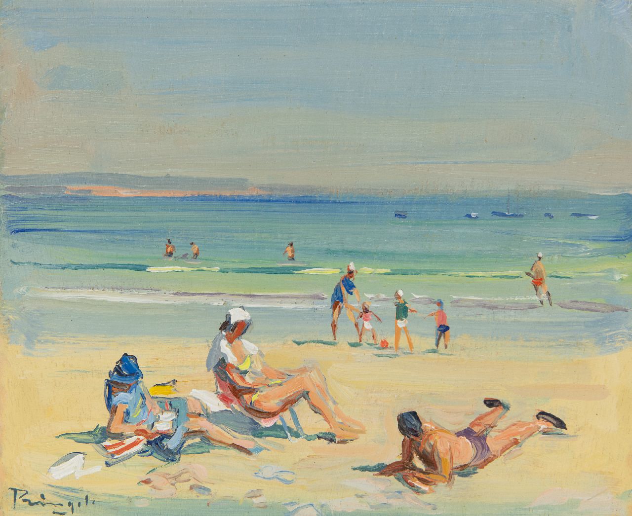 Pringels L.  | Léon Pringels, Ein Strandtag im Sommer, Öl auf Holz 21,9 x 26,8 cm, Unterzeichnet u.l.