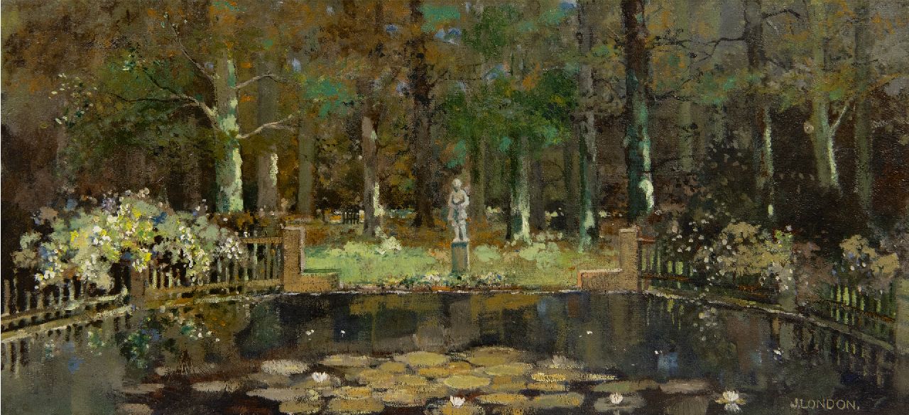 London J.  | Jacob London, Der Garten hinter dem Haus des Künstlers in Hilversum, Öl auf Leinwand 25,0 x 52,6 cm, Unterzeichnet u.r.