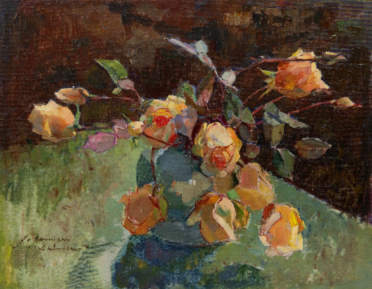 Groningen-Laurillard J.A.G. van | 'Jacoba' Adriana Geertruida van Groningen-Laurillard | Gemälde zum Verkauf angeboten | Blumenstillleben mit gelben Rosen, Öl auf Leinwand auf Holz 39,7 x 49,9 cm, Unterzeichnet u.l.