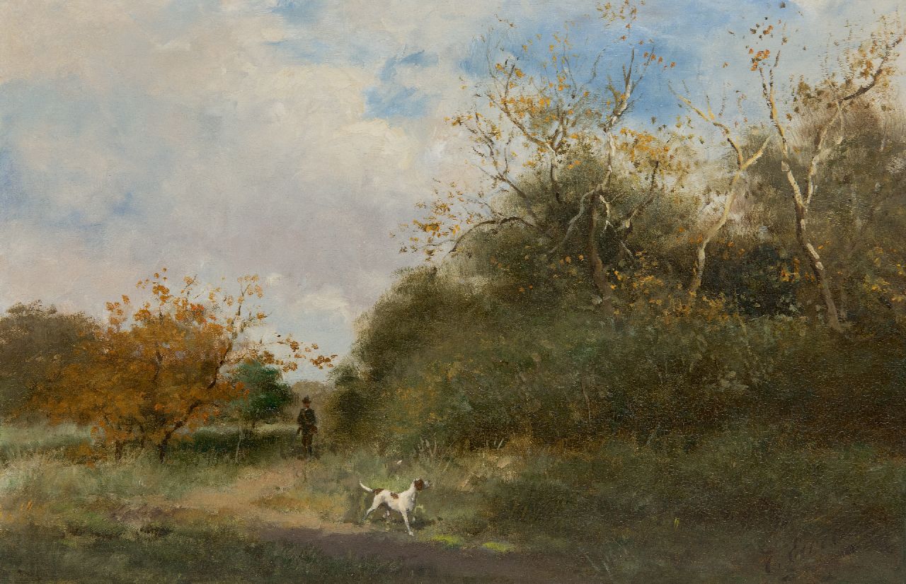 Eerelman O.  | Otto Eerelman | Gemälde zum Verkauf angeboten | Dünenlandschaft mit einem Jäger und seinem Hund, Öl auf Holz 25,3 x 38,5 cm, Unterzeichnet u.r.