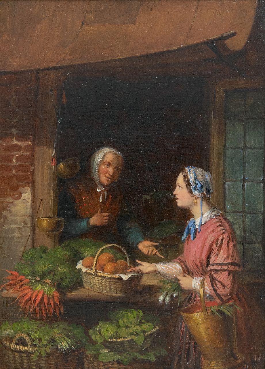 Scheerboom A.  | Andries Scheerboom | Gemälde zum Verkauf angeboten | Die Gemüseverkäuferin, Öl auf Holz 34,4 x 25,9 cm, Unterzeichnet u.r. mit Initialen und datiert 1861