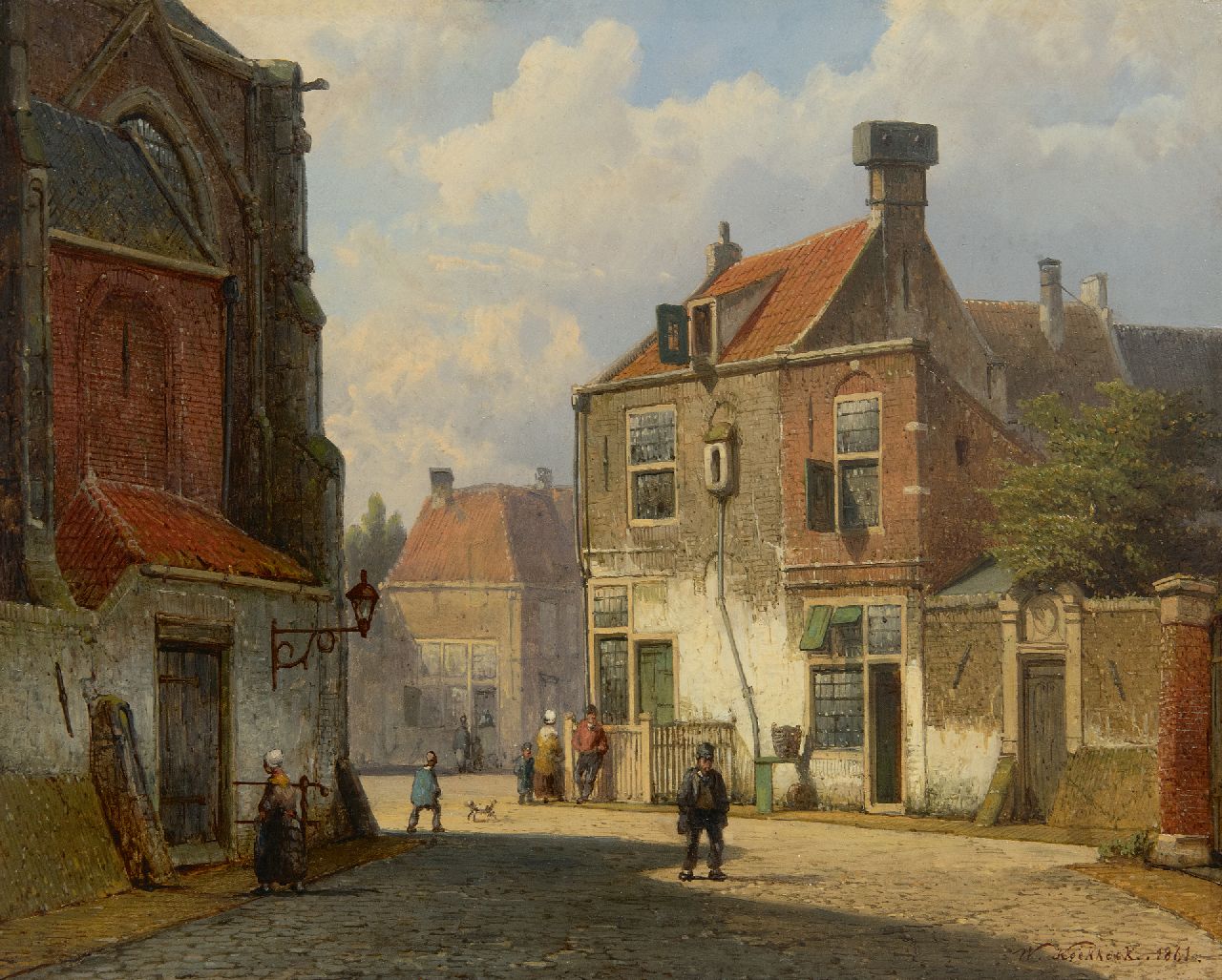 Koekkoek W.  | Willem Koekkoek | Gemälde zum Verkauf angeboten | Sonnige Dorfstrasse mit Figuren, Öl auf Holz 28,7 x 35,7 cm, Unterzeichnet u.r. und datiert 1861