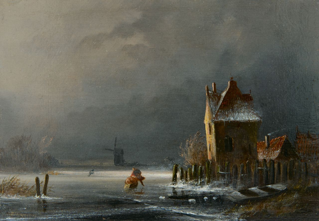 Jacques van Hellenberg Hubar | Winterlandschaft mit nahendem Schneesturm, Öl auf Holz, 14,9 x 21,3 cm