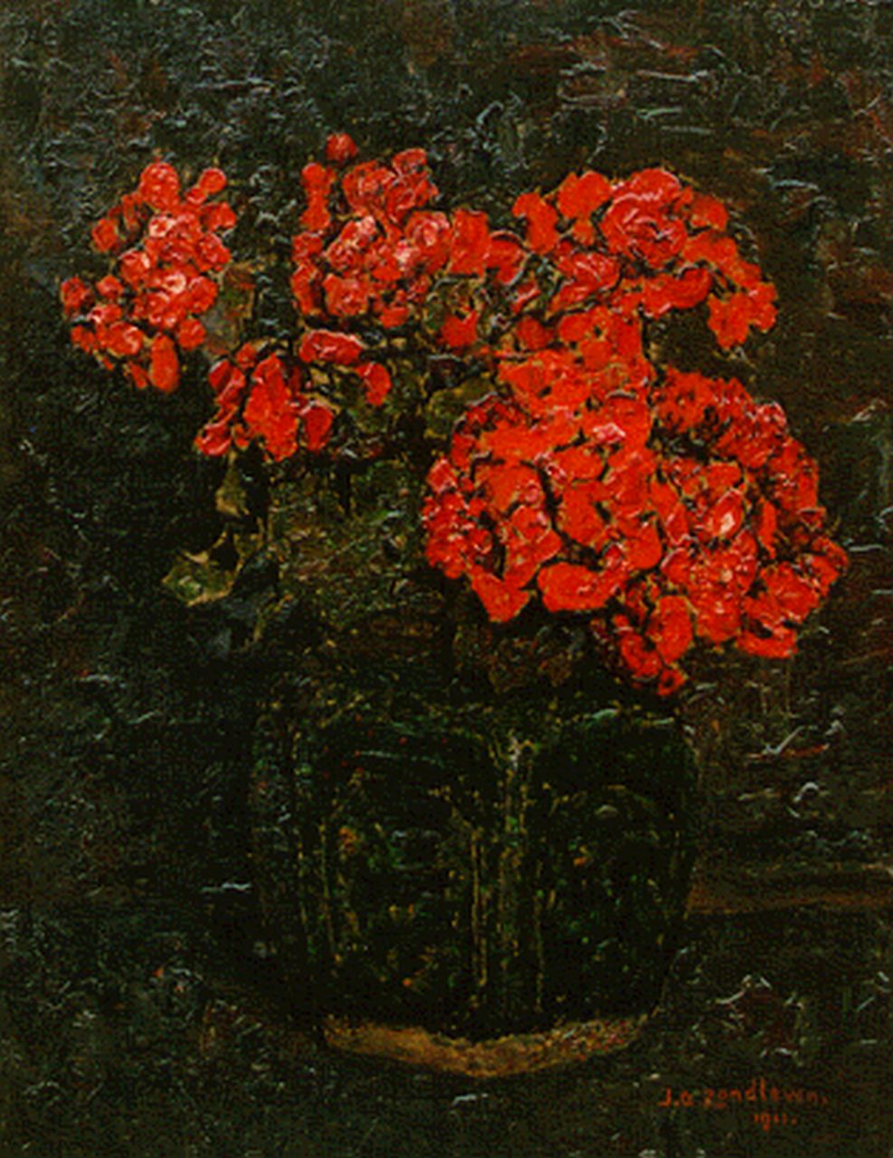Zandleven J.A.  | Jan Adam Zandleven, A ginger-jar with chrysanthemums, Öl auf Leinwand auf Holz 40,8 x 31,5 cm, signed l.r. und dated 1911