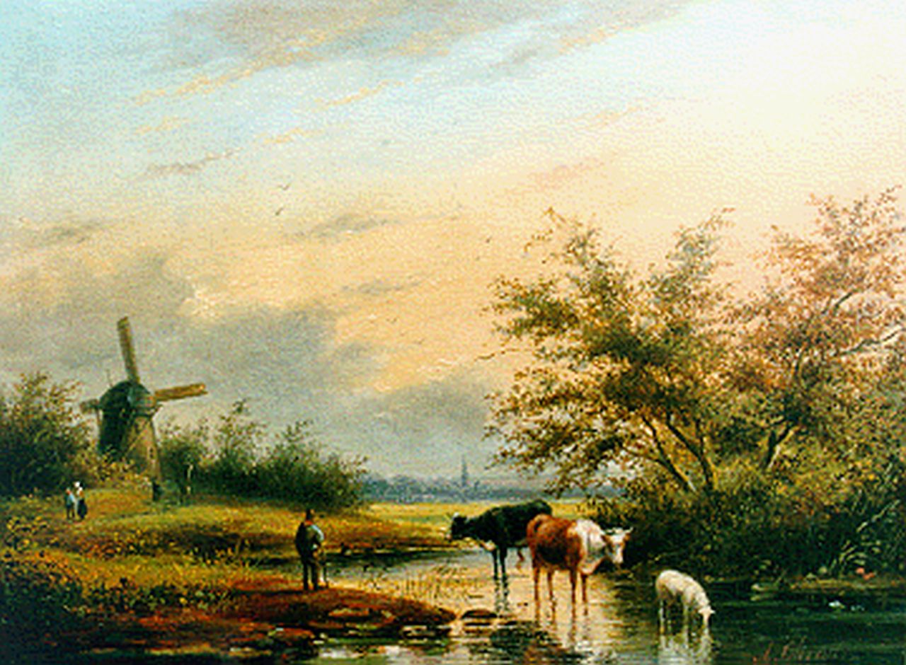 Hendriks G.  | Gerardus 'George Henry' Hendriks, A summer landscape with watering cows, Öl auf Holz 22,0 x 29,7 cm, signed l.r. with A. Christ und painted circa 1858