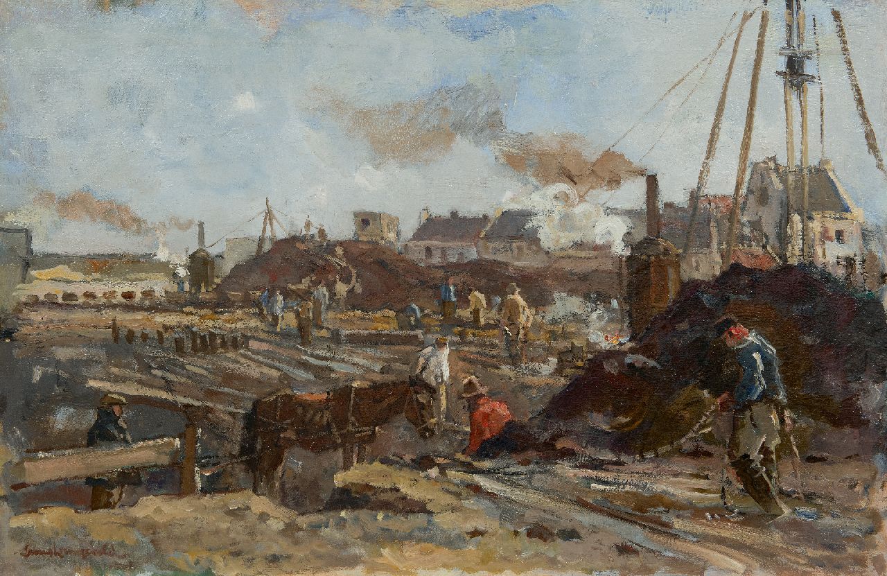 Frans Langeveld | Baustelle mit Dampframmen, Öl auf Leinwand, 47,1 x 71,4 cm, Unterzeichnet u.l.