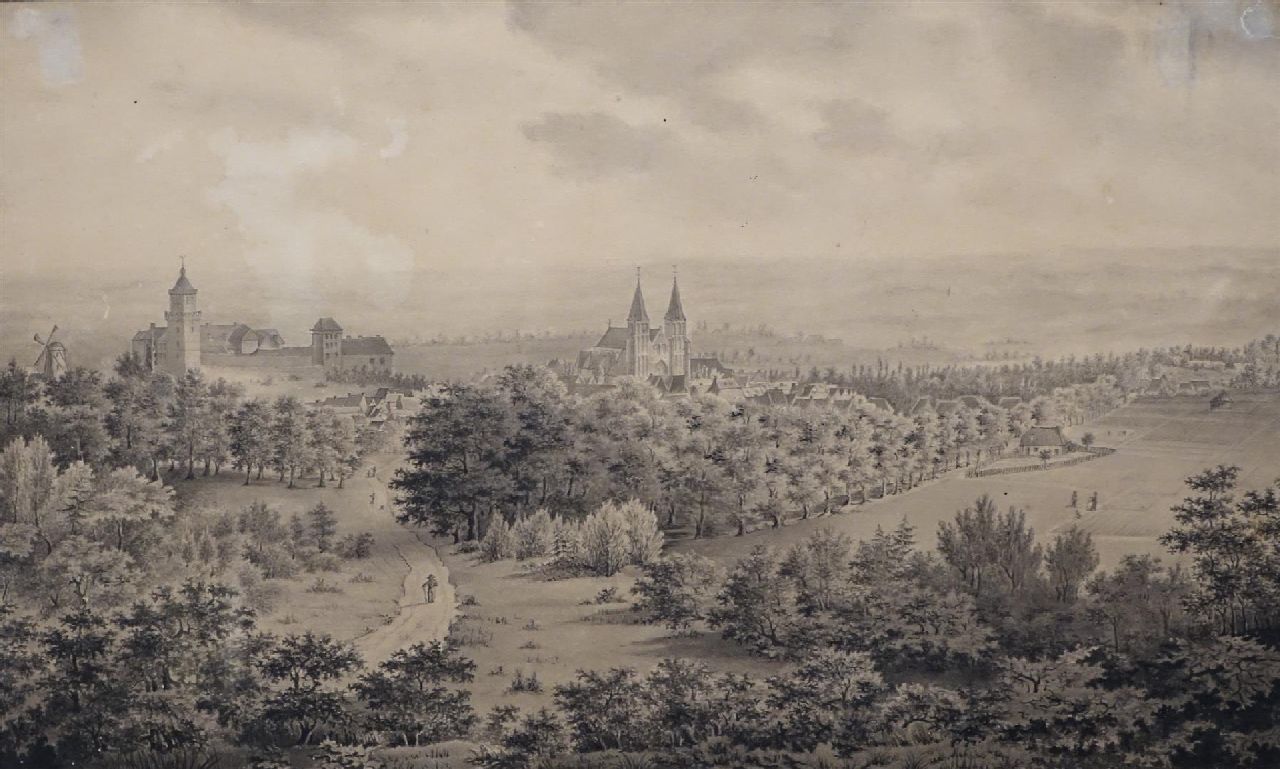 Hollandse School, 19e eeuw   | Hollandse School, 19e eeuw | Aquarelle und Zeichnungen zum Verkauf angeboten | Panoramablick auf die deutsche Stadt Kleve mit dem Schwanenschloss und der Stiftskirche, Tinte auf Papier 23,1 x 38,2 cm, Unterzeichnet u.r. und datiert 1842