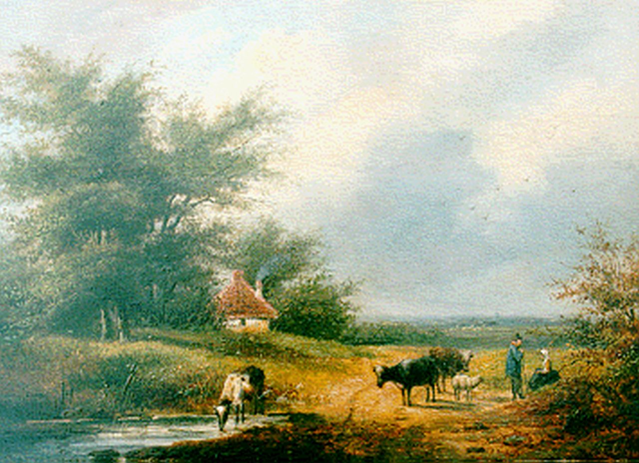 Hendriks G.  | Gerardus 'George Henry' Hendriks, A summer landscape with cattle, Öl auf Holz 21,6 x 30,2 cm, signed l.r. with A. Christ
