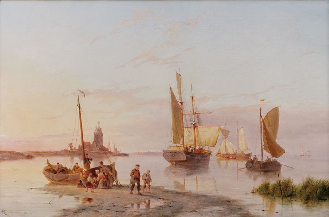 Dommershuijzen P.C.  | Pieter Cornelis Dommershuijzen, Schiffe in einem ruhigen Wind an einer Hafeneinfahrt, Öl auf Leinwand 50,8 x 76,8 cm, Unterzeichnet u.l. und datiert 1901