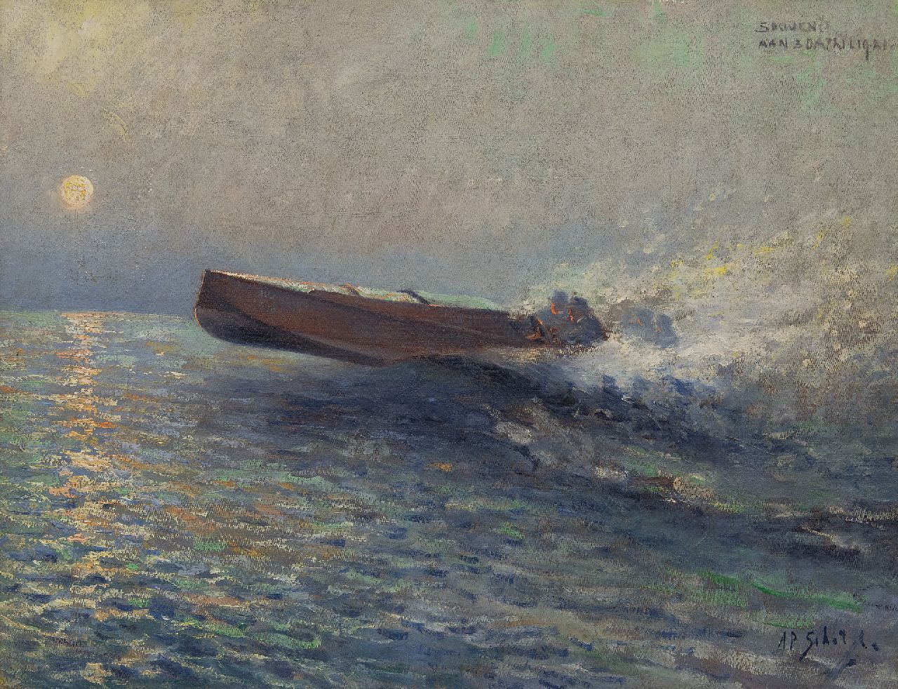 Schotel A.P.  | Anthonie Pieter Schotel, Schnellboot auf dem Meer bei Sonnenuntergang, Öl auf Leinwand 43,6 x 57,3 cm, Unterzeichnet u.r.