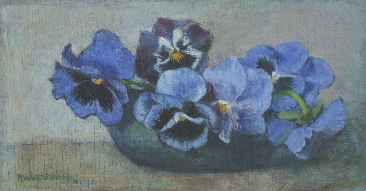 Wandscheer M.W.  | Maria Wilhelmina 'Marie' Wandscheer, Blaue Veilchen, Öl auf Holz 13,4 x 24,4 cm, Unterzeichnet u.l.